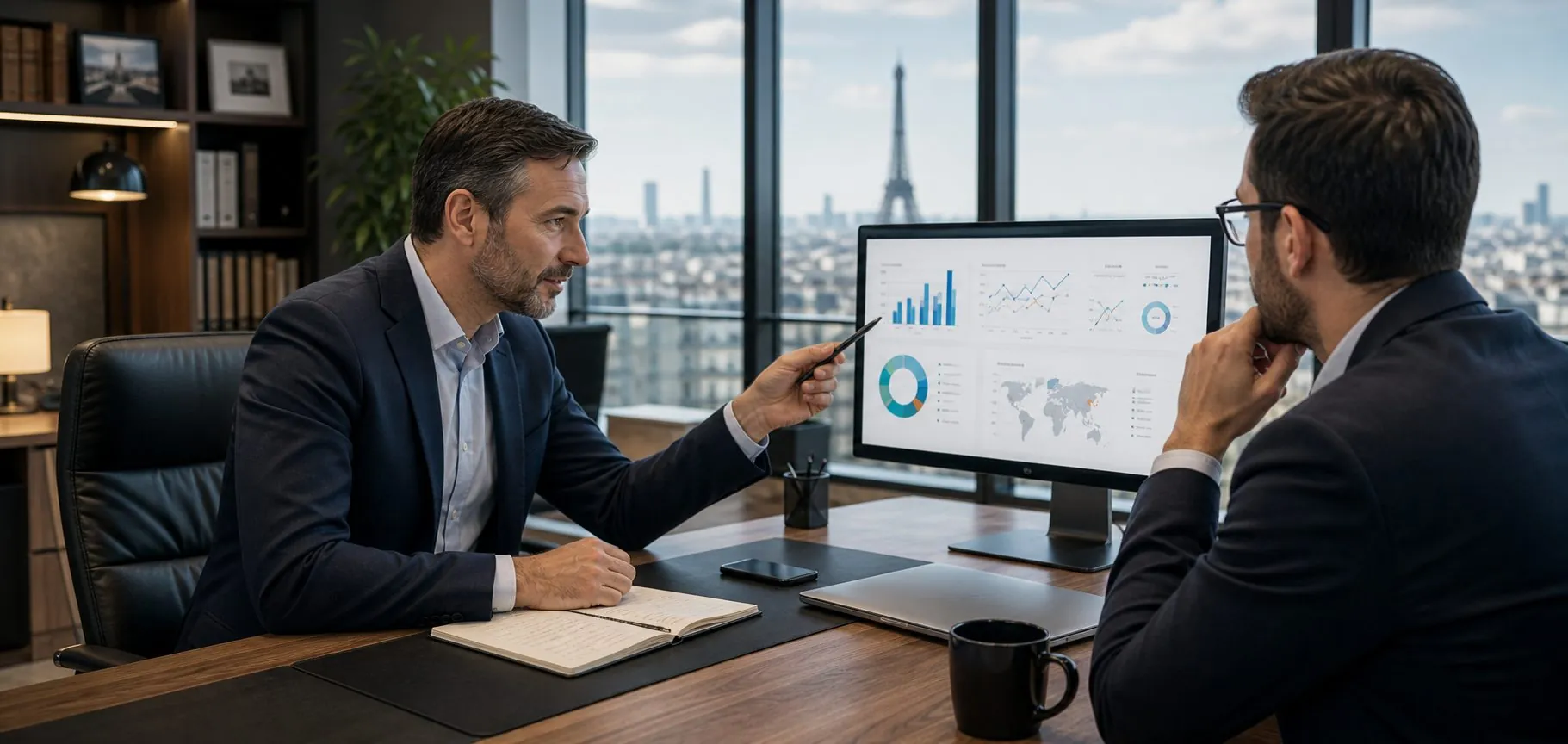 Deux hommes en costume analysent un tableau de bord sur un écran, dans un bureau avec vue sur la tour Eiffel