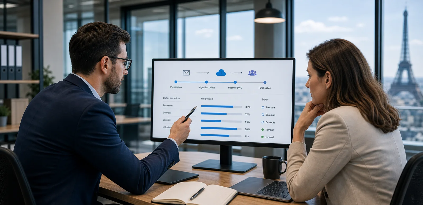 Un homme et une femme devant un écran montrant un schéma de migration de messagerie vers le cloud